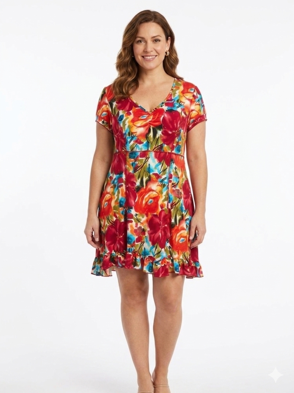 Floral Short Sleeve V-Neck Dress in Red and Multicolor